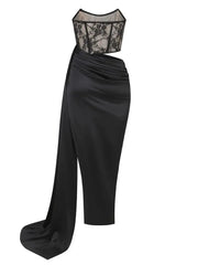 Lace Corset Cut Out Satin Draped Gloves Midi Dress