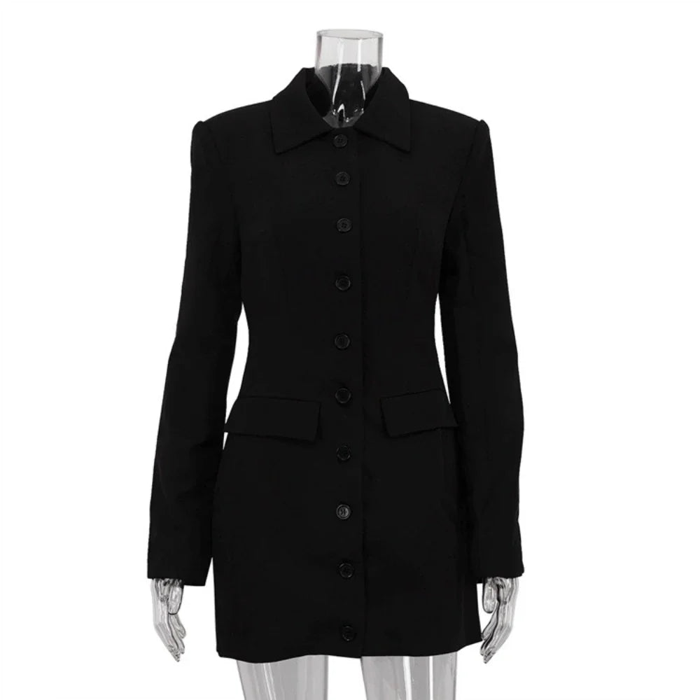 Black Lapel Long Sleeve Buttoned Mini Suit Dress
