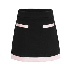Black Blazer With Pink Satin Satin Contrast And Mini Skirt Set