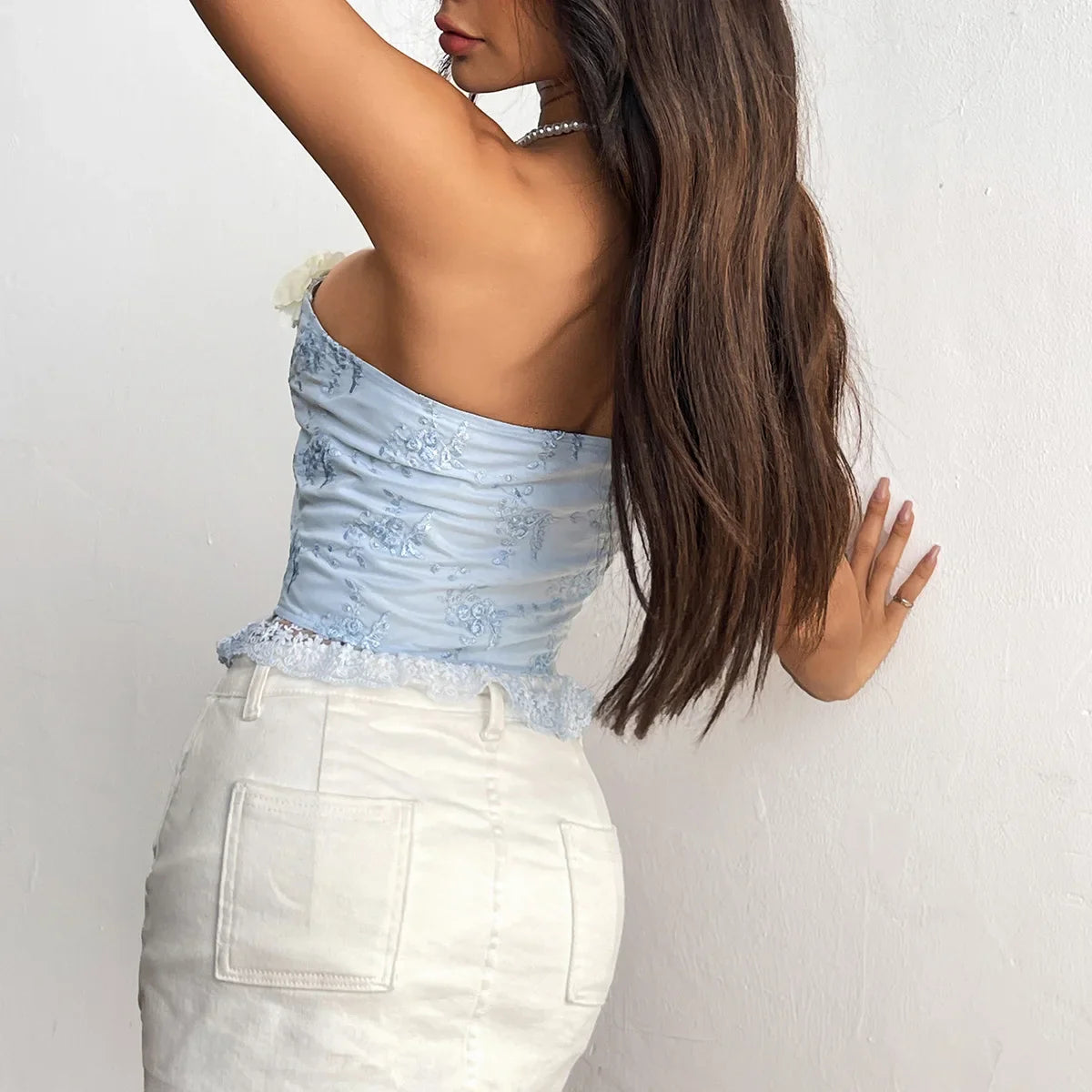 3D Flower Bandeau Cross Tie-up Corset Top