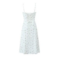 White Floral Print Slit Strap Midi Dress