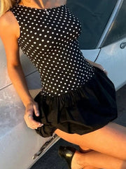 Black Off-shoulder Polka Dot Bubble Mini Dress