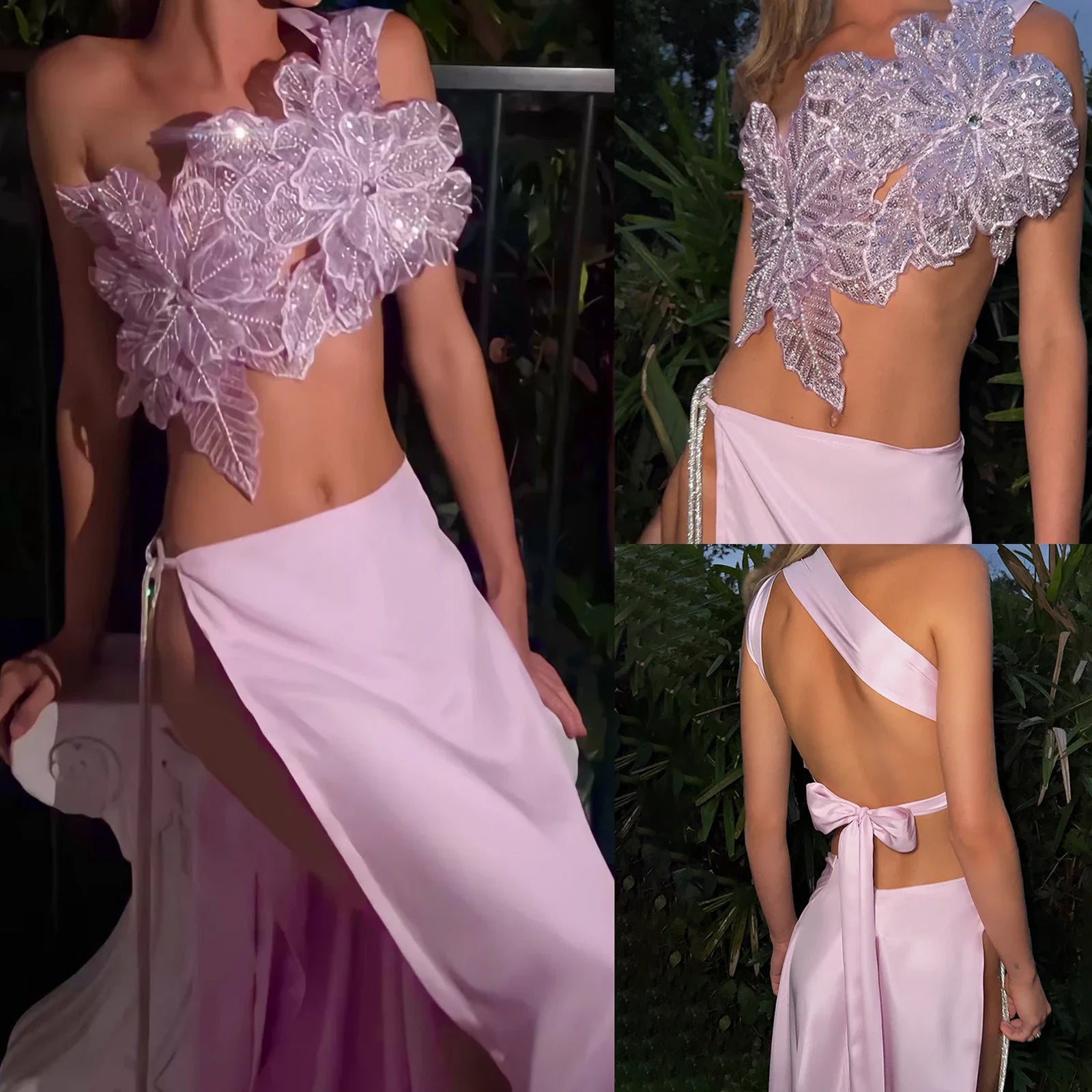 3D Layered Flower Rhinestone Bra Bow Tied  Top