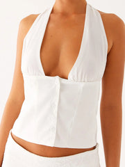Printed Tie-up Halter Deep V-Neck Crop Top