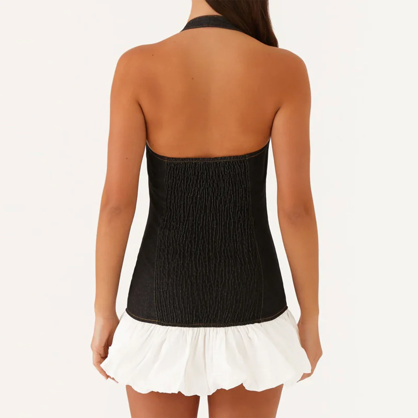 Black Denim Pleated Halter Mini Dress