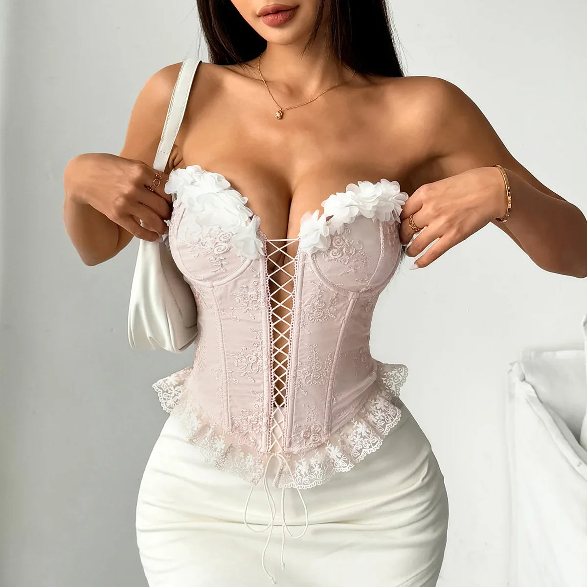 3D Flower Bandeau Cross Tie-up Corset Top