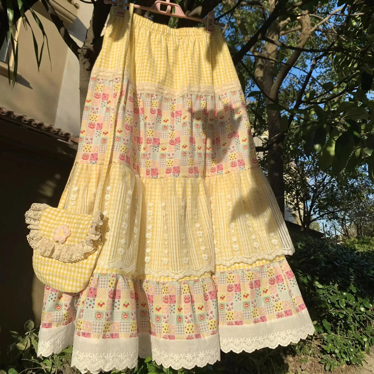 Yellow Floral Print Patchwork Lace Maxi Skirt - Sweet A-Line