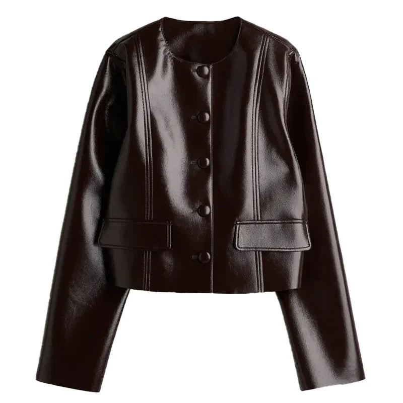 Burgundy Pu Leather Jacket And Mini Skirt