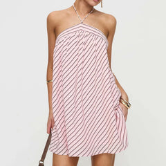 Pink Stripes Print Halter Short Dress