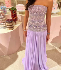 Purple Beaded Strapless Maxi Dress
