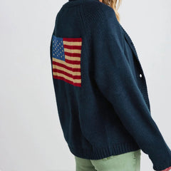 American Flag Cardigan - Loose Fit V-Neck Knit