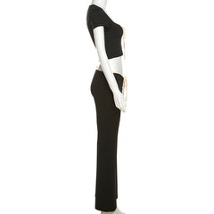 Black Ribbon Tie-Up Top And Pants Two Piece Set