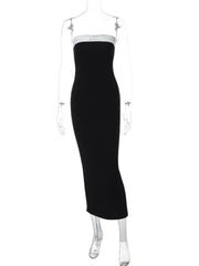 Black Strapless White Satin Bow Midi Dress
