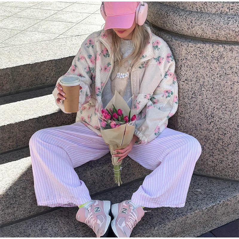 Printed Plush Zipper Short Jacket