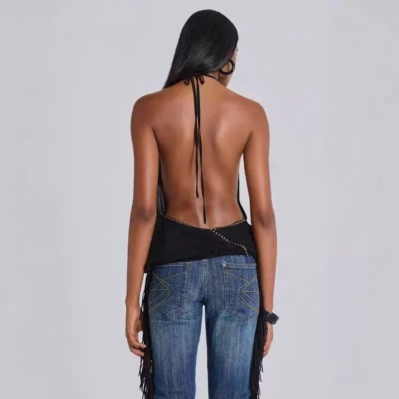 Black Deep V-neck Open Back Top