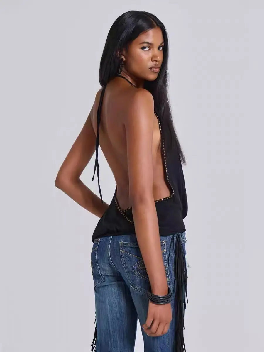 Black Deep V-neck Open Back Top