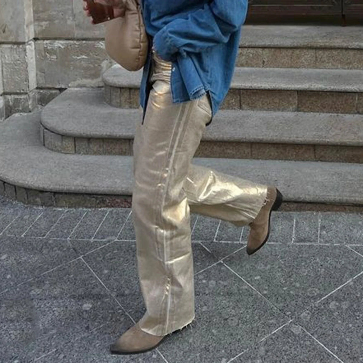 Metallic High Waist Denim Straight Leg Pants