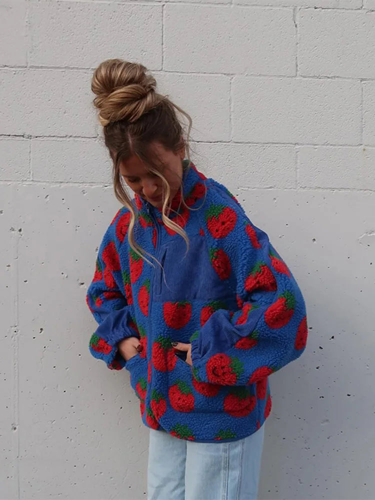 Printed Plush Zipper Short Jacket