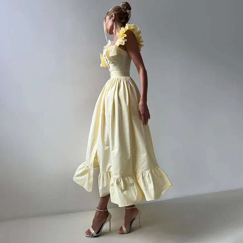 Ruffles Striped Square Collar Buttoned Long Dress