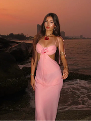 Pink 3d Floral Cut Out Tie Up Maxi Dress