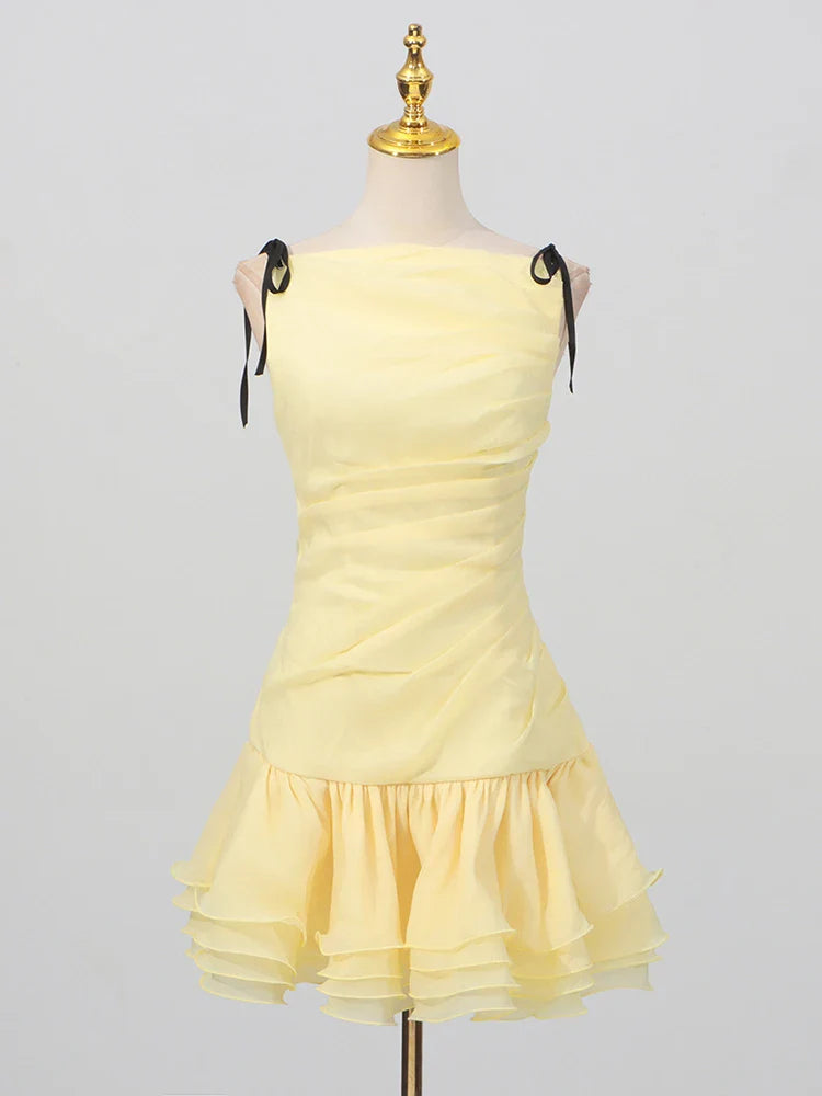 Yellow Sleeveless Tie Up Ruffled Mini Dress