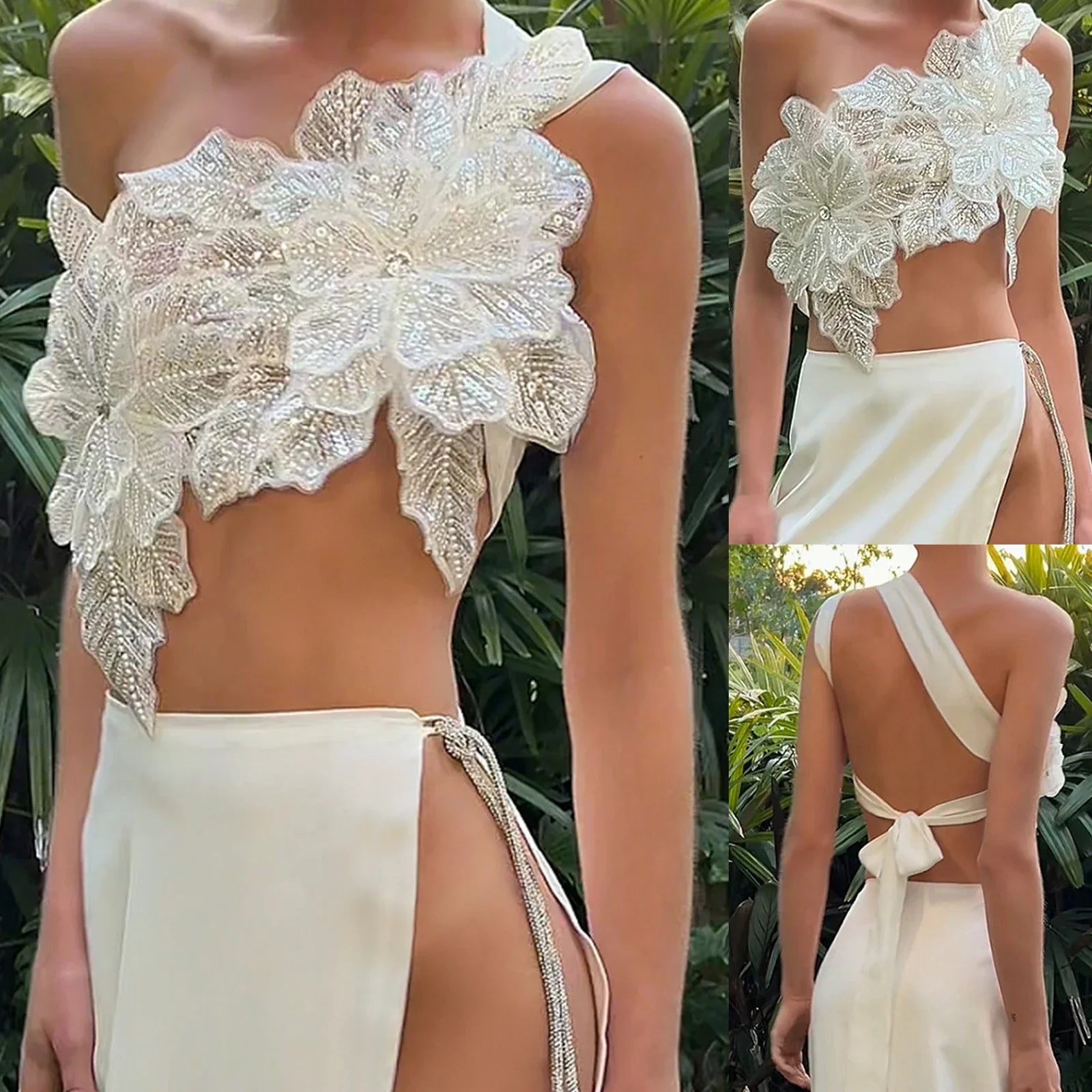 3D Layered Flower Rhinestone Bra Bow Tied  Top