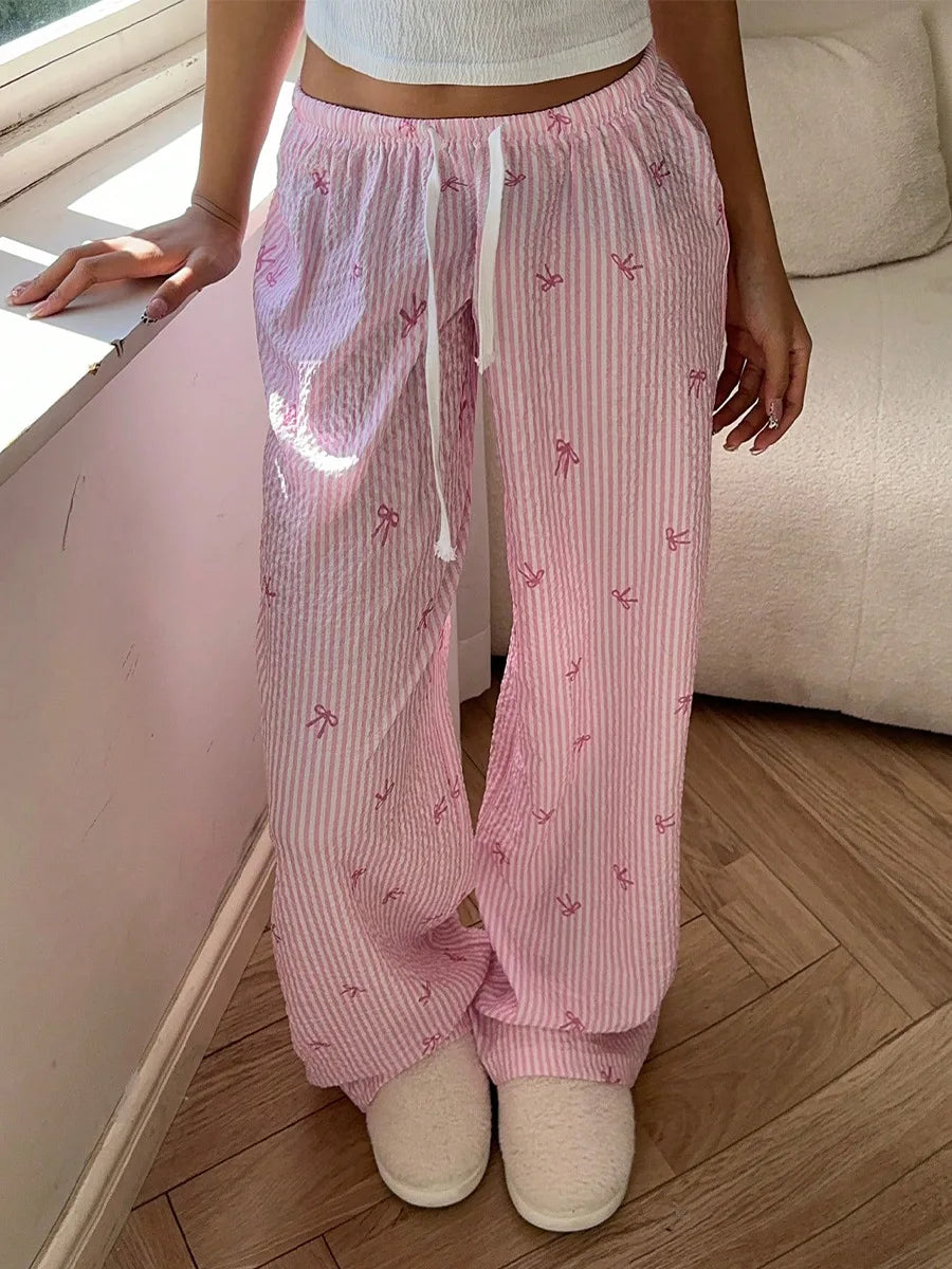 Chic High-Waist Striped Lounge Pants - Elastic Drawstring Detail