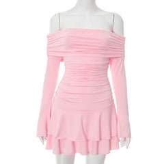 Long Sleeve Off-shoulder Ruched Frill Mini Dress
