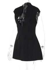 Black Deep Neck Short Sleeve Solid Mini Dress