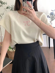 Round Neck Bow Print Short Sleeved Knitted Top