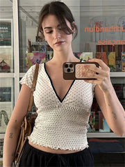 White V-Neck Printed Short Sleeve Top - Regular Fit