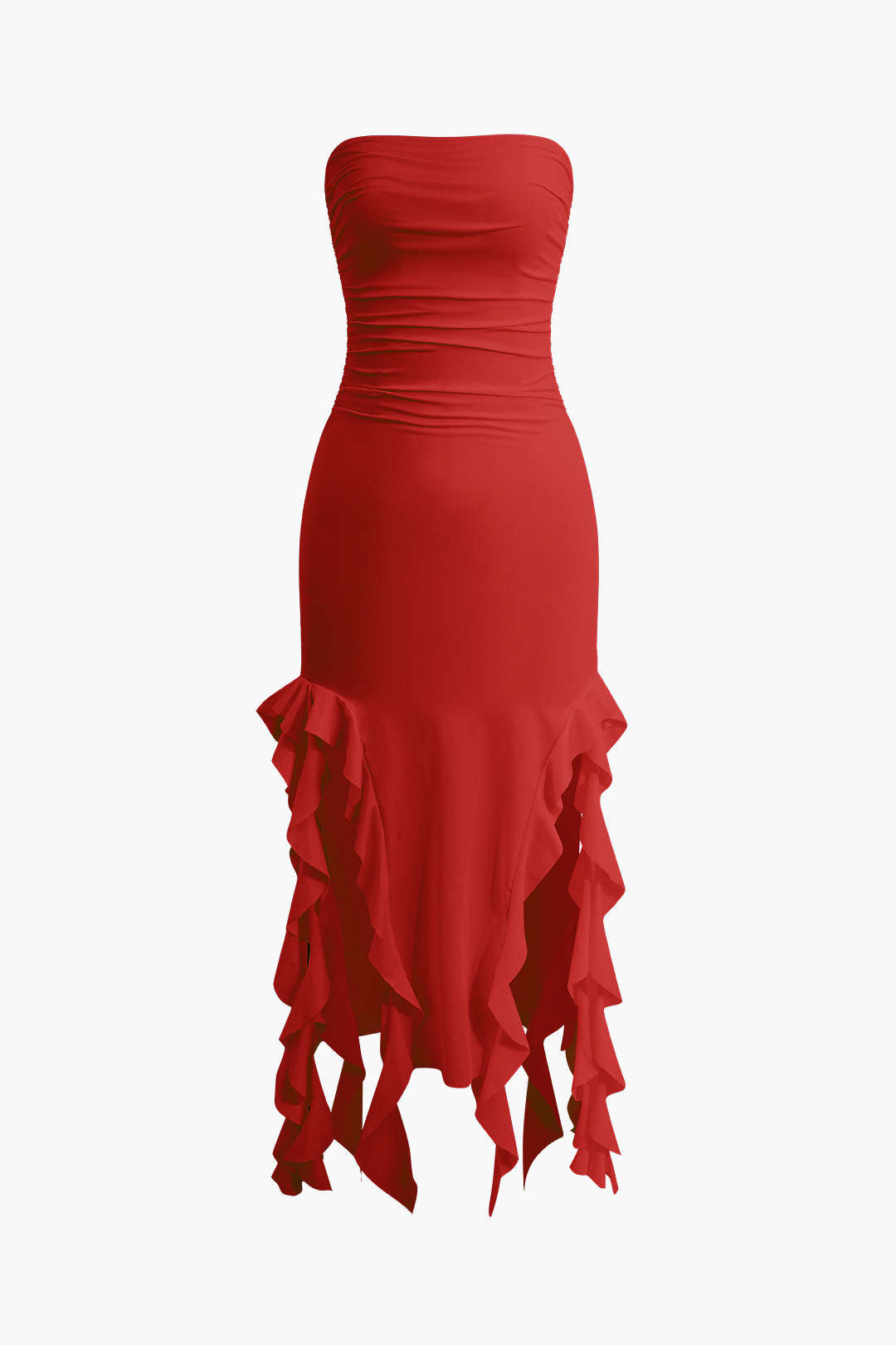 Solid Ruffle Hem Ruched Tube Maxi Dress