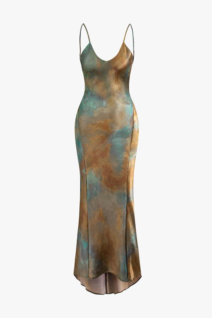 Tie Dye V-neck Satin Maxi Dress – Aesvs
