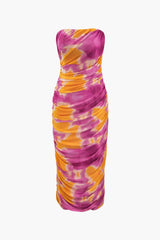 Abstract Print Mesh Strapless Midi Dress