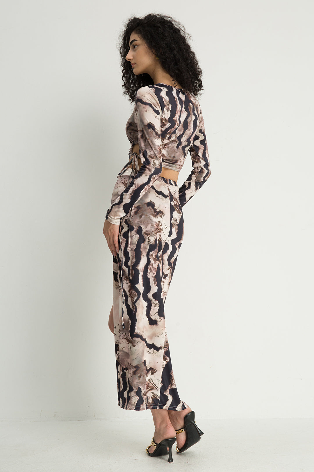 Abstract Print Drawstring Long Sleeve Top And Split Skirt Set