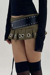 Belted Eyelet Detail Pleated Mini Skirt