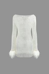 Boat Neck Sheer Net Fluffy Cuff Mini Dress