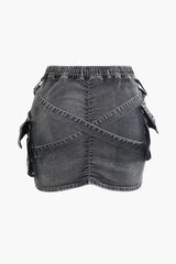 V-waist Buckle Flap Pocket Denim Cargo Skirt