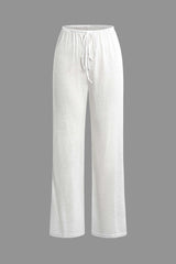 Solid Crew Neck Long Sleeve Top And Drawstring Straight Leg Pants Set