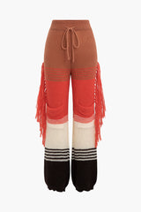 Colorblock Fringe Cuffed Hem Knit Pants