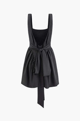 Square Neck Backless Pleated Knot Waist Mini Dress