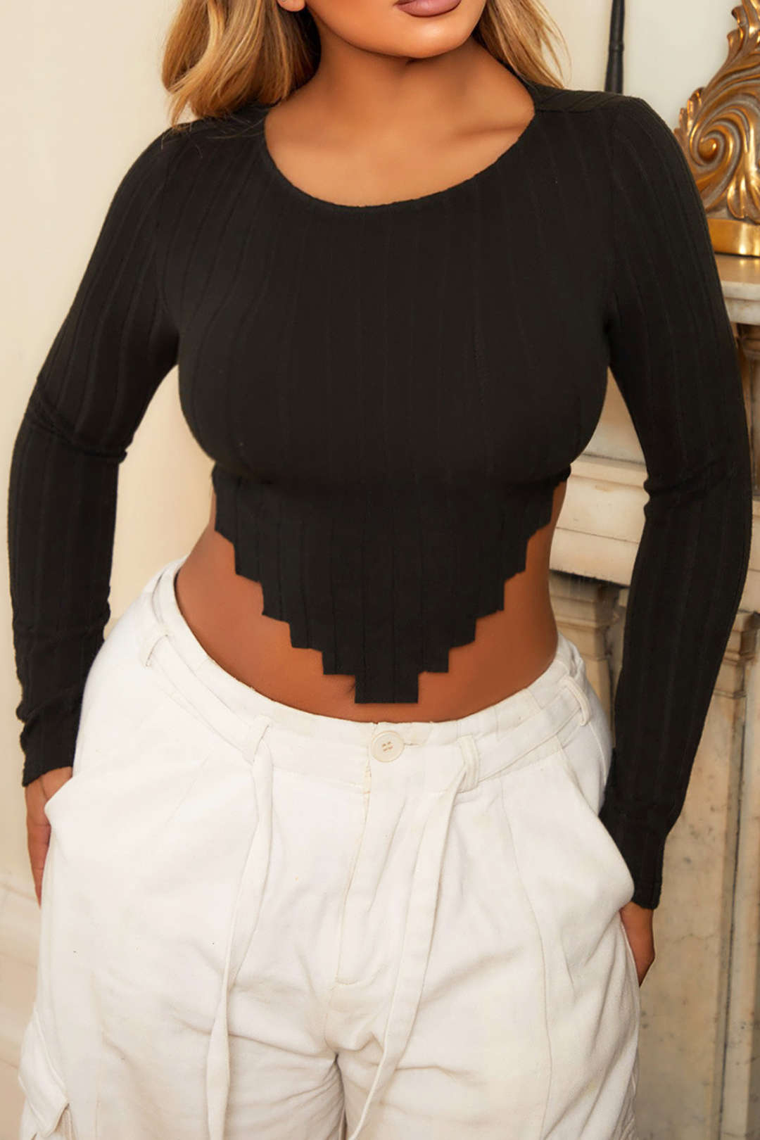 Asymmetric Scallop Trim Long Sleeve Crop Top