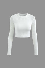 Solid Round Neck Long Sleeve Crop Top