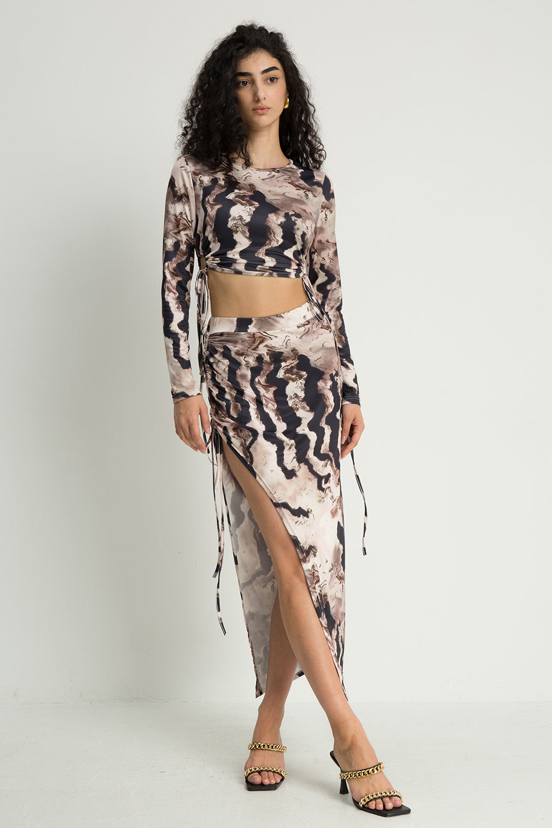 Abstract Print Drawstring Long Sleeve Top And Split Skirt Set