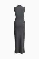 Wrap Slit Mock Neck Sleeveless Maxi Dress