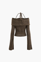 Off Shoulder Tie Halter Twist Bell Sleeves Knit Top