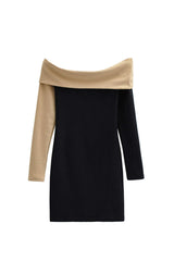 Contrast Off-Shoulder Long Sleeve Mini Dress