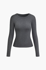 Solid Fitted Round Neck Long Sleeve Top