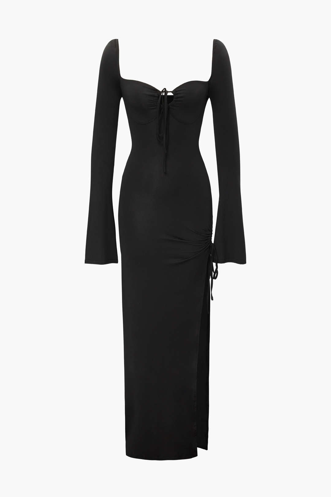 Tie Front Side Slit Long Sleeve Maxi Dress