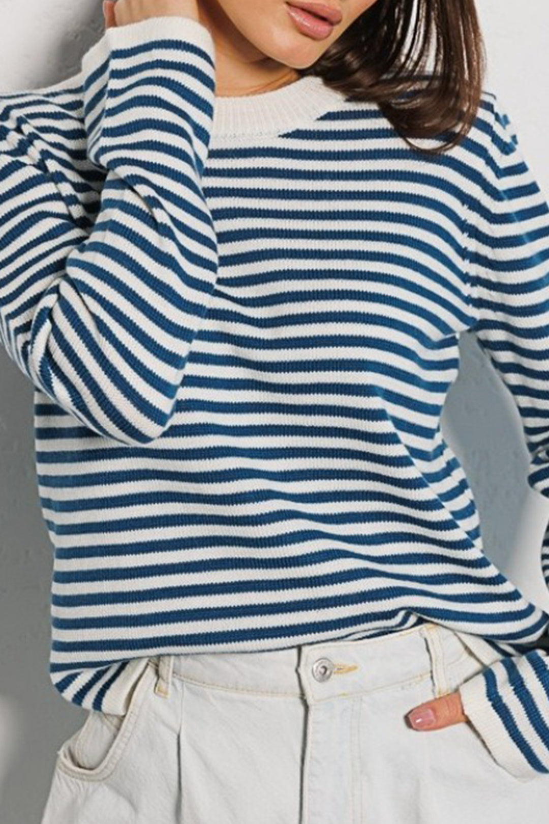 Stripe Crew Neck Ribbed Trim Pullover Sweater